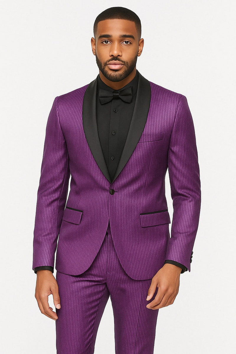 open lace back dress Mens Shiny Purple Tuxedo Jacket with Black Satin Shawl Lapel – Formal Party Blazer for Prom and Weddings Purple / 42 Short Jacket+36 Waist Adjust