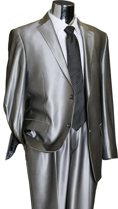 Shiny 2 Buttons Silver Grey ~ Gray Flashy Sharkskin Men's Cheap Priced Business Suits Clearance Sale