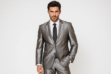 Shiny 2 Buttons Silver Grey ~ Gray Flashy Sharkskin Men's Cheap Priced Business Suits Clearance Sale