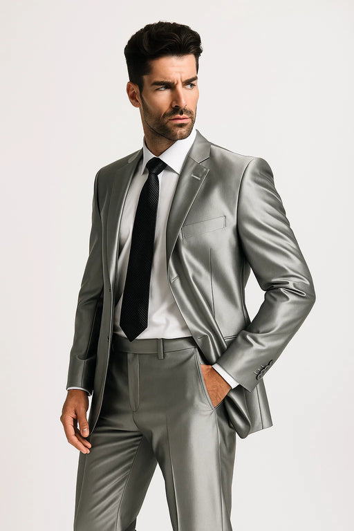 Shiny 2 Button Silver Grey ~ Gray Flashy Sharkskin Men'S Cheap Priced Business Suits Clearance Sale