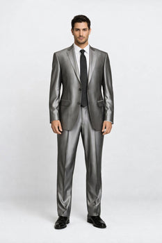 Shiny 2 Buttons Silver Grey ~ Gray Flashy Sharkskin Men's Cheap Priced Business Suits Clearance Sale