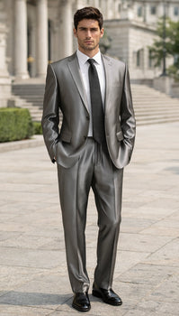 Shiny 2 Buttons Silver Grey ~ Gray Flashy Sharkskin Men's Cheap Priced Business Suits Clearance Sale