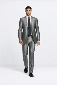 Shiny 2 Buttons Silver Grey ~ Gray Flashy Sharkskin Men's Cheap Priced Business Suits Clearance Sale