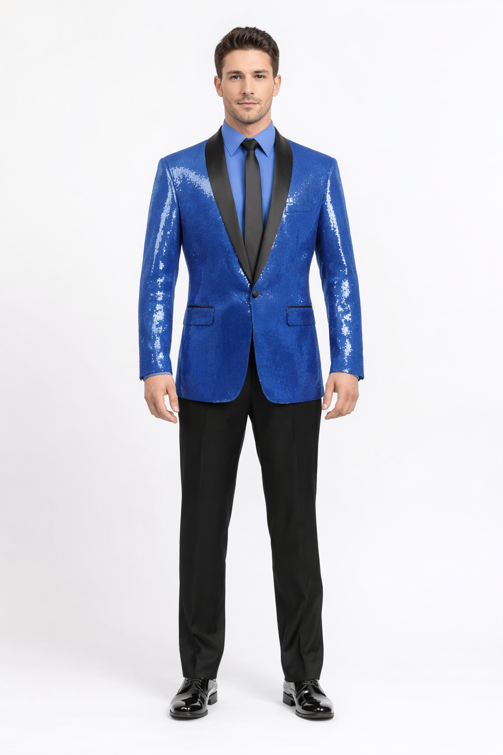 Shiny Flashy Sharkskin Metallic Sapphire Blue Sequin Formal Royal Color Tuxedo Shawl Lapel Sport coat Jacket