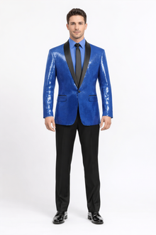 Shiny Flashy Sharkskin Metallic Sapphire Blue Sequin Formal Royal Color Tuxedo Shawl Lapel Sport coat Jacket