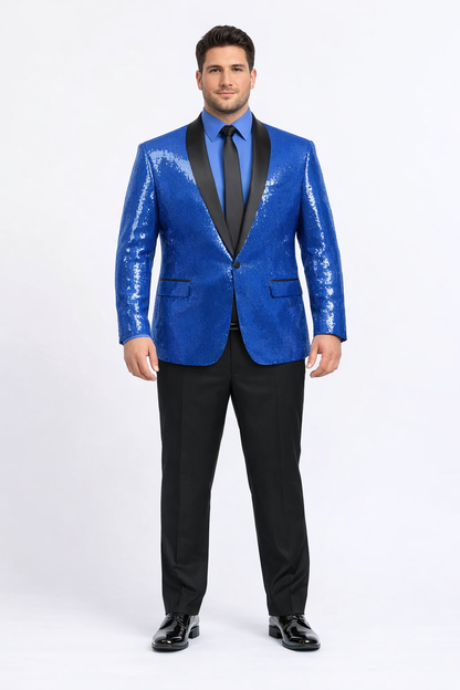 Shiny Flashy Sharkskin Metallic Sapphire Blue Sequin Formal Royal Color Tuxedo Shawl Lapel Sport coat Jacket