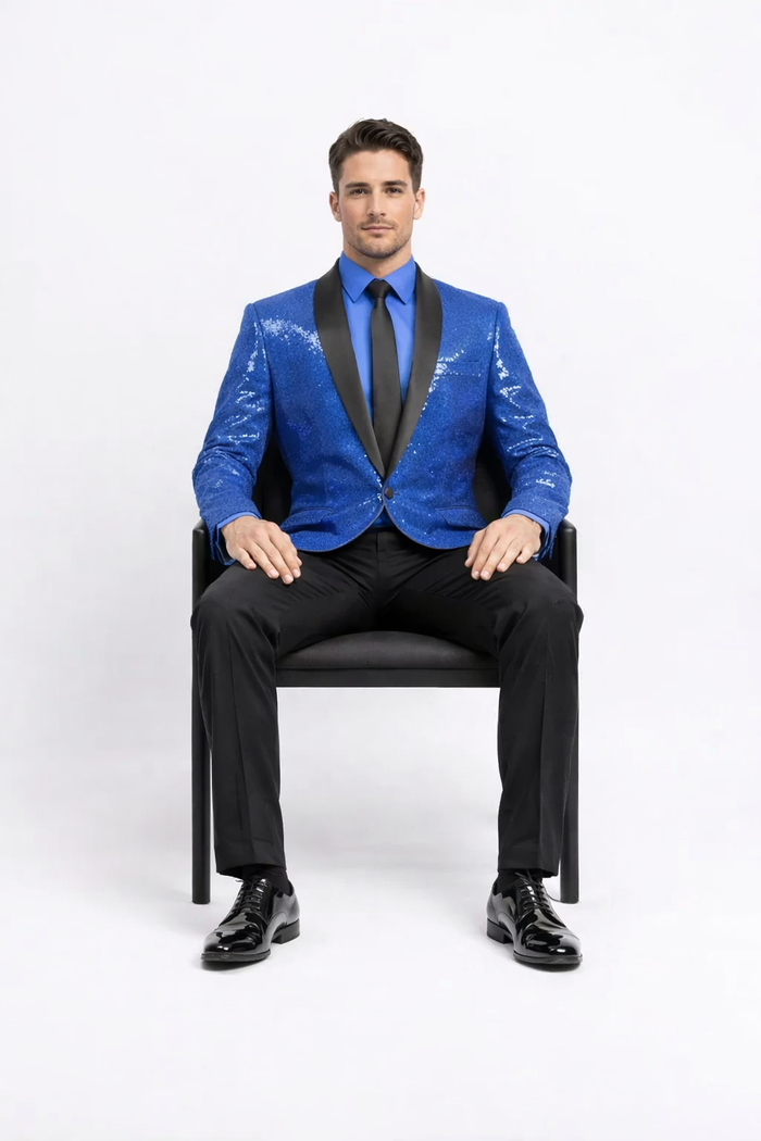 Shiny Flashy Sharkskin Metallic Sapphire Blue Sequin Formal Royal Color Tuxedo Shawl Lapel Sport coat Jacket