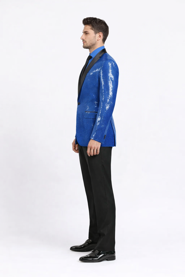 Shiny Flashy Sharkskin Metallic Sapphire Blue Sequin Formal Royal Color Tuxedo Shawl Lapel Sport coat Jacket