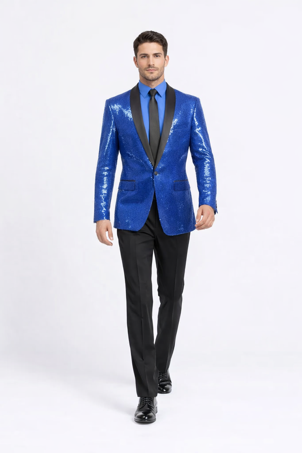 Shiny Flashy Sharkskin Metallic Sapphire Blue Sequin Formal Royal Color Tuxedo Shawl Lapel Sport coat Jacket