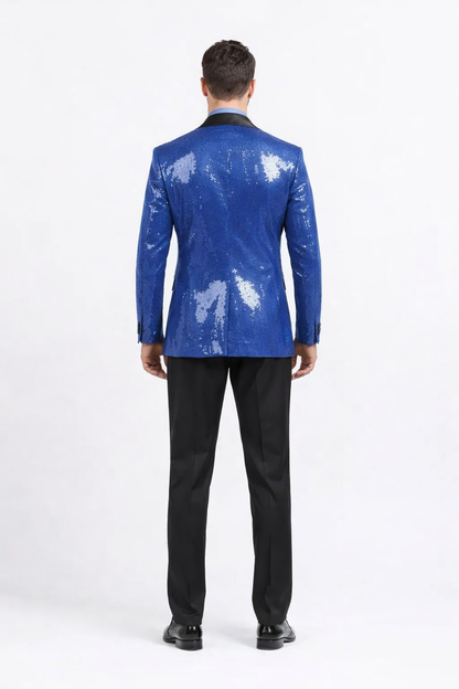 Shiny Flashy Sharkskin Metallic Sapphire Blue Sequin Formal Royal Color Tuxedo Shawl Lapel Sport coat Jacket