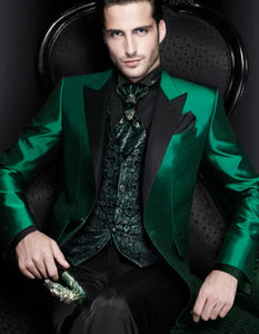 Men Shiny Satin Wedding Suits 2 Pieces Emerald Green Tuxedos Jacket + Pants + Bowtie - Slim Fitted