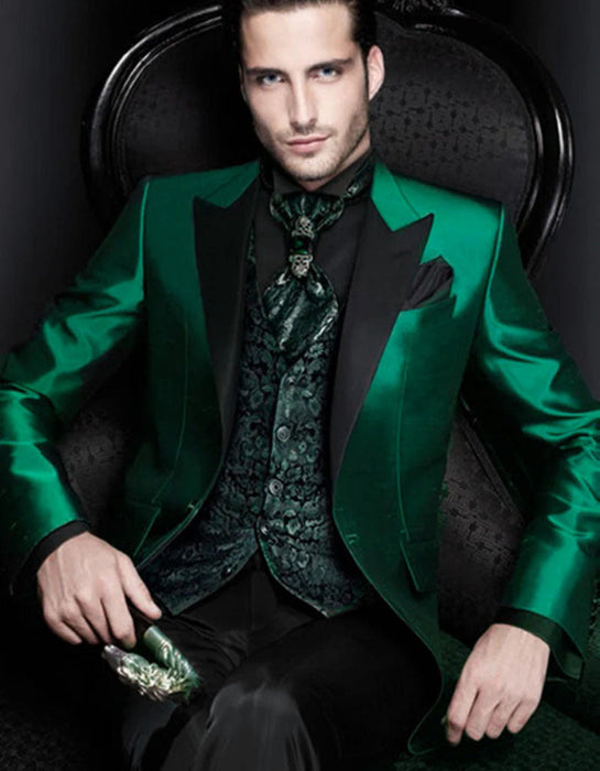 Men Shiny Satin Wedding Suits 2 Pieces Emerald Green Tuxedos Jacket + Pants + Bowtie - Slim Fitted