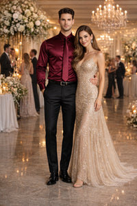 Shiny Satin With Tie And Handkerchief Set Multi-Color Men's Dress Shirt