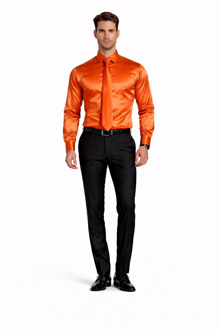 Shiny Satin With Tie And Handkerchief Set Multi-Color Men's Dress Shirt