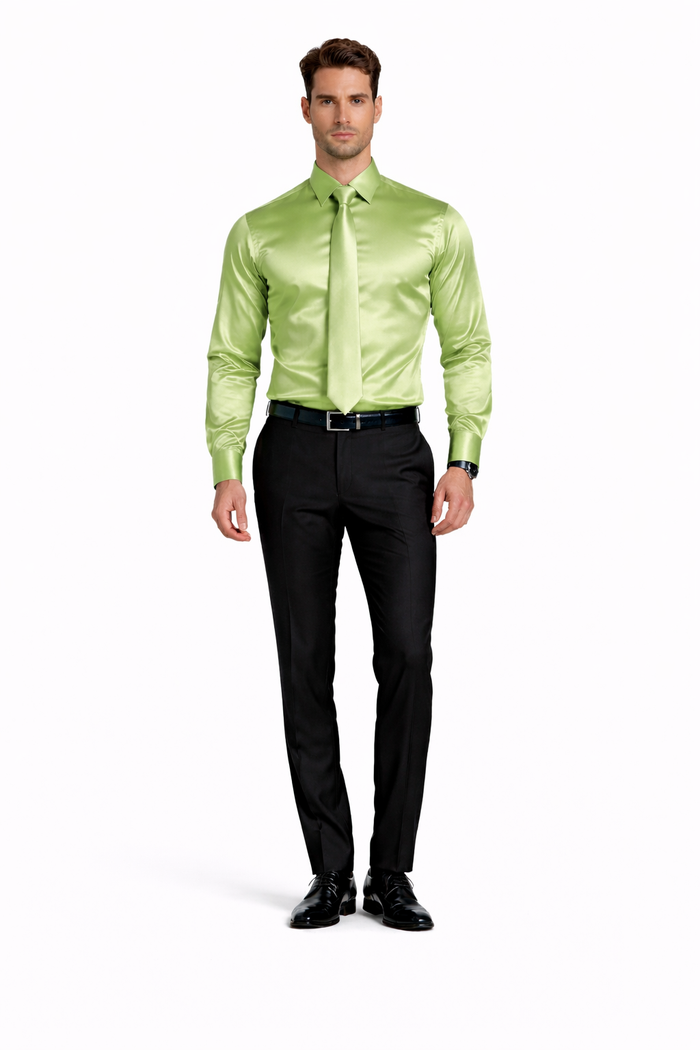 Shiny Satin With Tie And Handkerchief Set Multi-Color Men's Dress Shirt