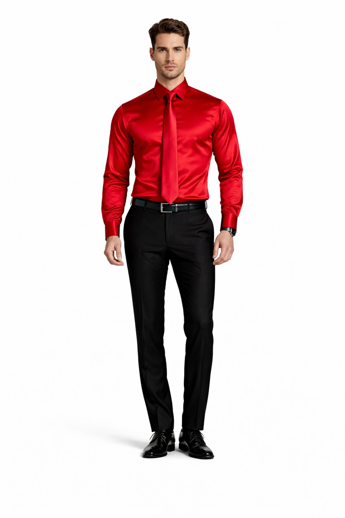 Shiny Satin With Tie And Handkerchief Set Multi-Color Men's Dress Shirt