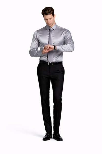 Shiny Satin With Tie And Handkerchief Set Multi-Color Men's Dress Shirt