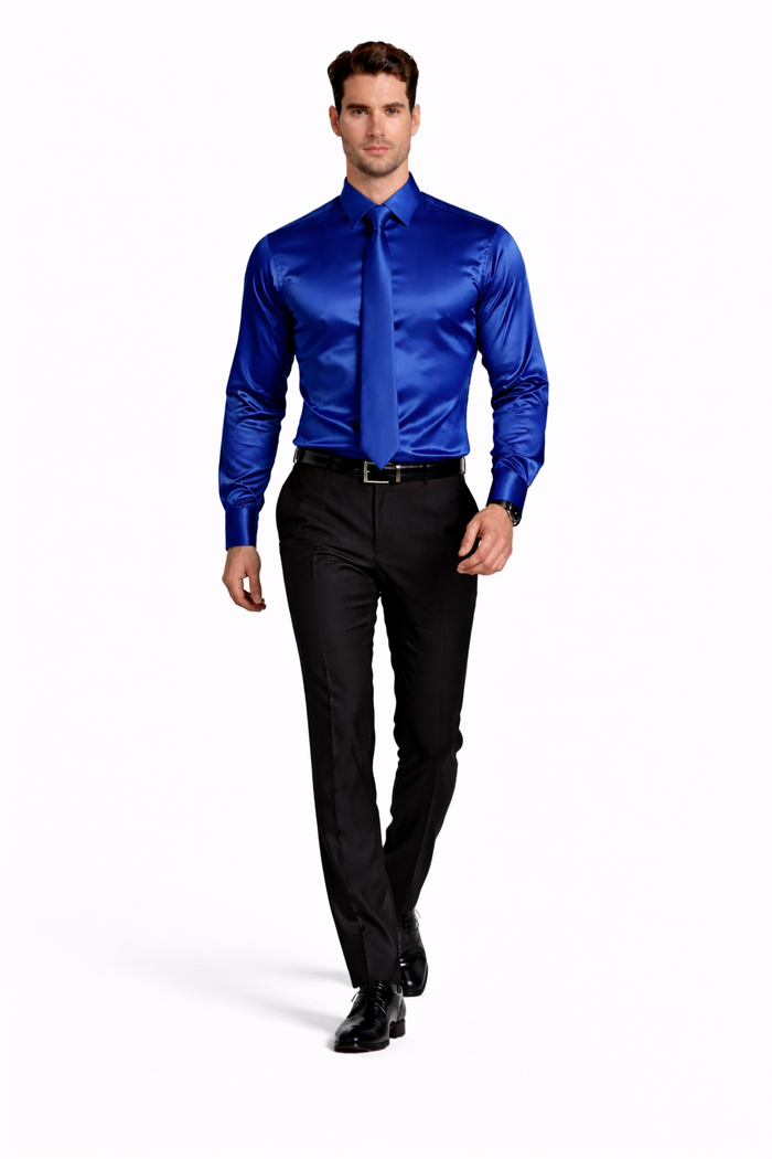 Shiny Satin With Tie And Handkerchief Set Multi-Color Men's Dress Shirt