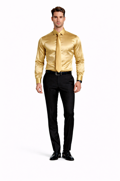 Shiny Satin With Tie And Handkerchief Set Multi-Color Men's Dress Shirt