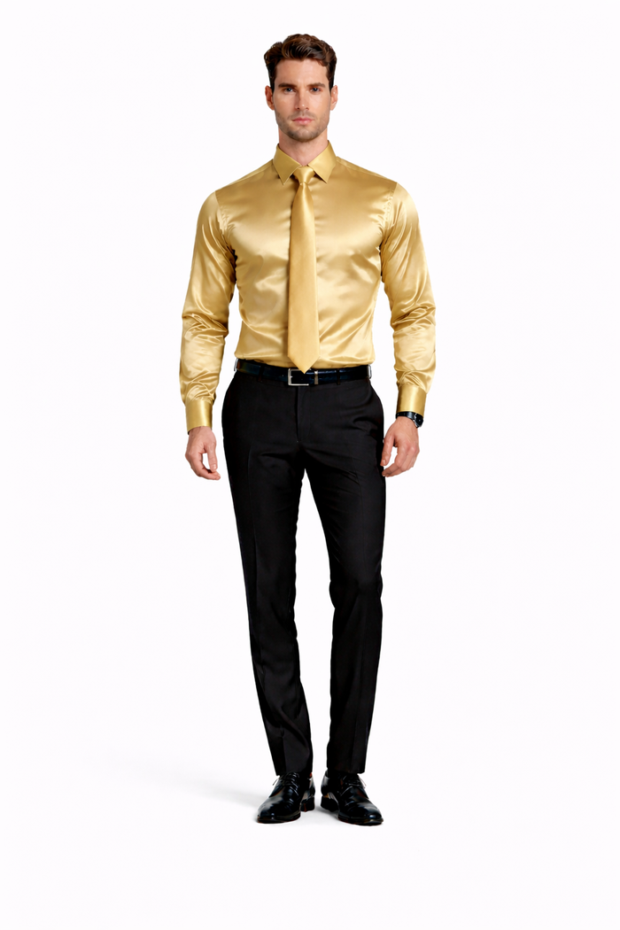 Shiny Satin With Tie And Handkerchief Set Multi-Color Men's Dress Shirt