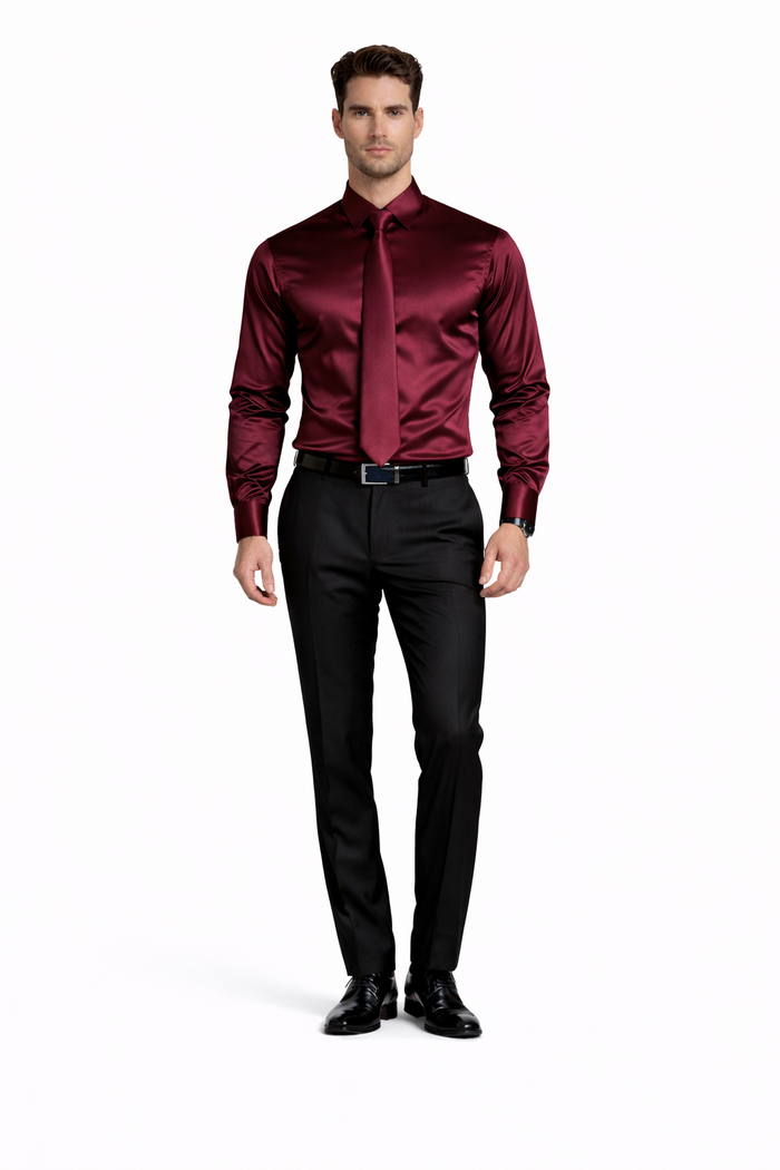 Shiny Satin With Tie And Handkerchief Set Multi-Color Men's Dress Shirt