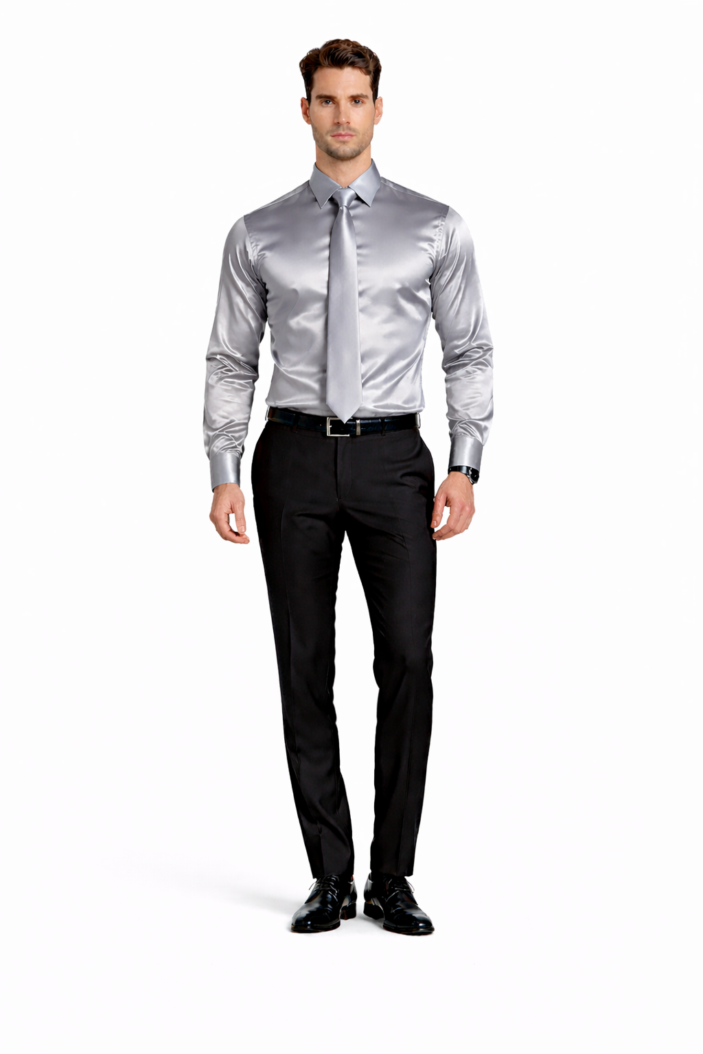 Shiny Satin With Tie And Handkerchief Set Multi-Color Men's Dress Shirt