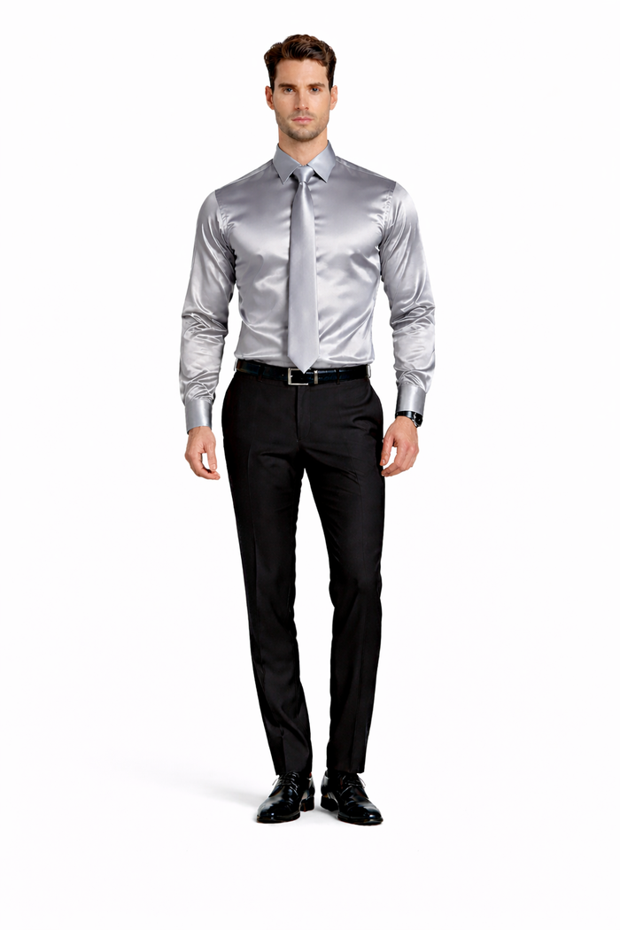Shiny Satin With Tie And Handkerchief Set Multi-Color Men's Dress Shirt