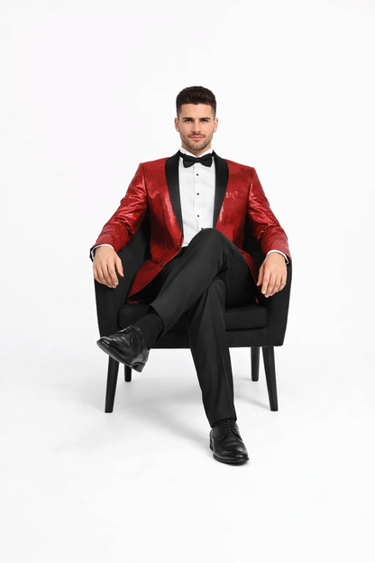 Shiny Sharkskin Metallic Scarlet Red Sequin Formal Sport coat Jacket
