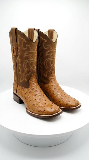 Los Altos Men’s Amber Ostrich Skin Wide Square Toe Boots, Exotic Western Cowboy Dress Boots