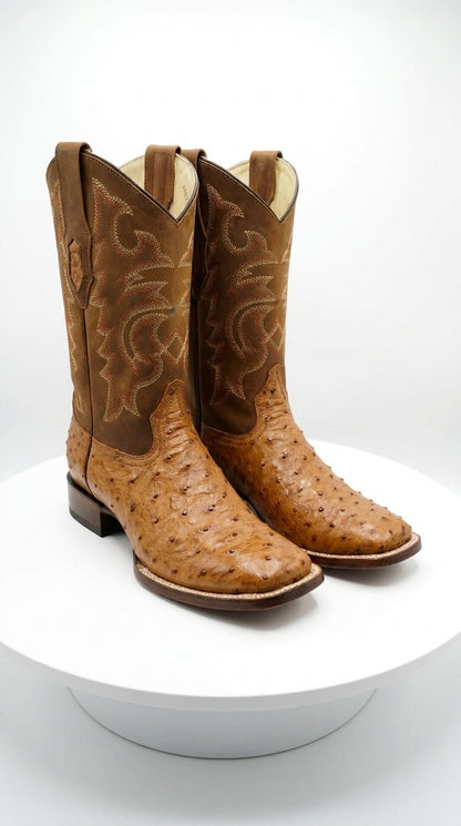 Los Altos Men’s Amber Ostrich Skin Wide Square Toe Boots, Exotic Western Cowboy Dress Boots