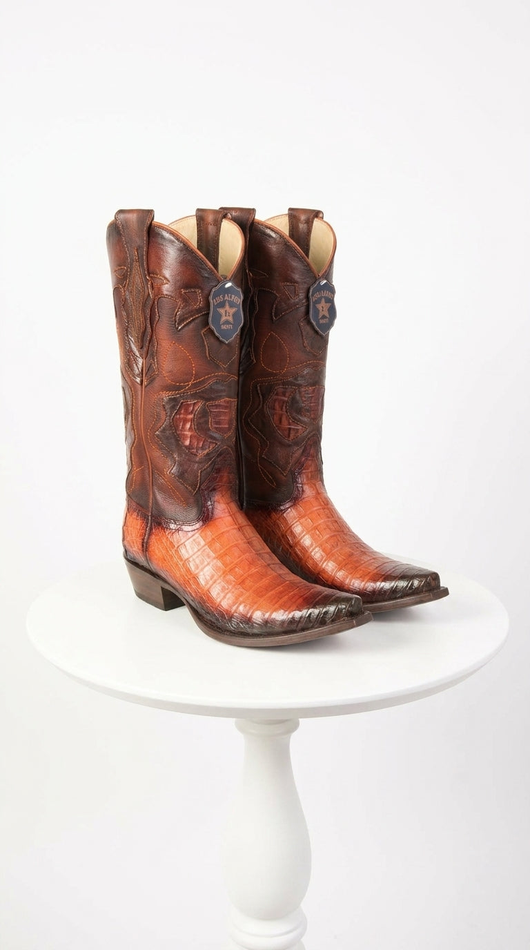 Los Altos Men’s Faded Cognac Caiman Snip Toe Cowboy Boots, Exotic Western Dress Boots
