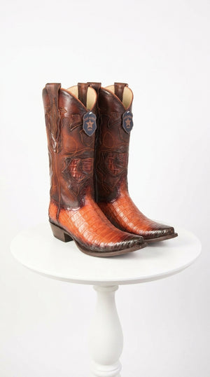 Los Altos Men’s Faded Cognac Caiman Snip Toe Cowboy Boots, Exotic Western Dress Boots