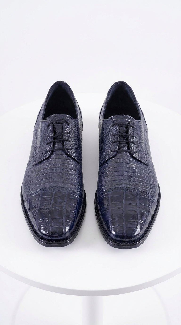 Los Altos Men’s Navy Teju Lizard and Caiman Oxford Shoes, Exotic Lace-Up Formal Dress Shoes