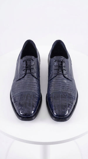Los Altos Men’s Navy Teju Lizard and Caiman Oxford Shoes, Exotic Lace-Up Formal Dress Shoes