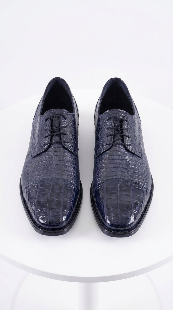 Los Altos Men’s Navy Teju Lizard and Caiman Oxford Shoes, Exotic Lace-Up Formal Dress Shoes