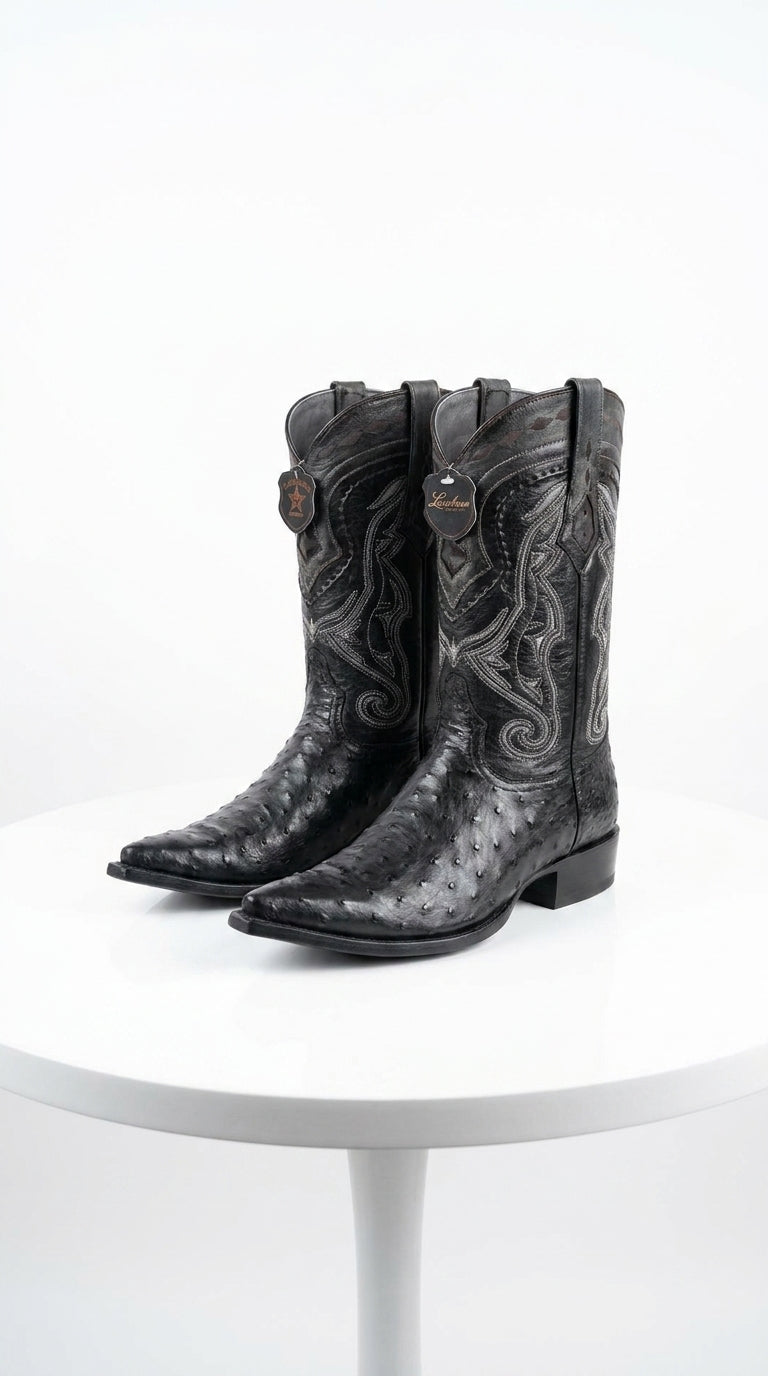 Los Altos Men’s Black Ostrich Pointed Toe Cowboy Boots, 1.5 Inch Walking Heel Botas De Avestruz