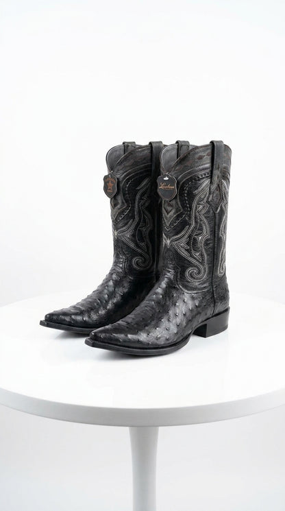 Los Altos Men’s Black Ostrich Pointed Toe Cowboy Boots, 1.5 Inch Walking Heel Botas De Avestruz