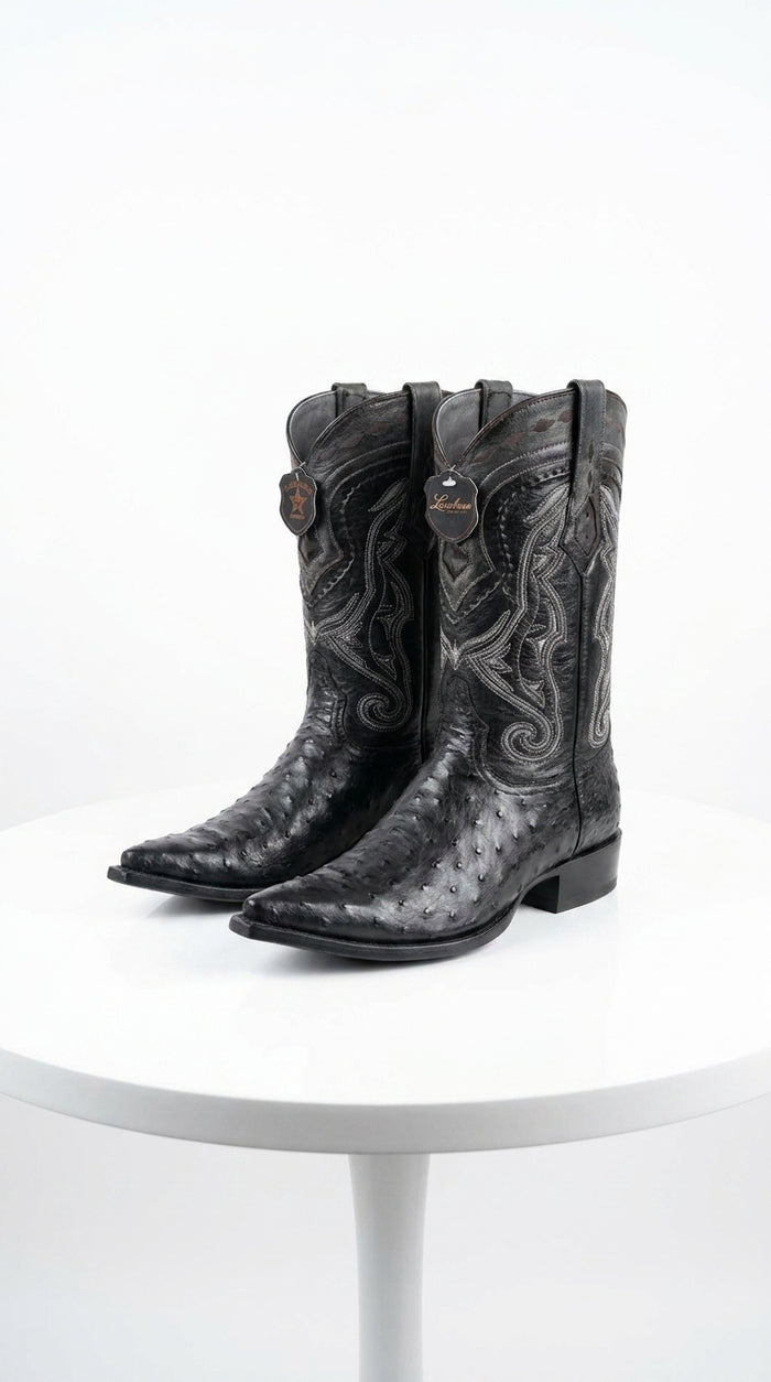 Los Altos Men’s Black Ostrich Pointed Toe Cowboy Boots, 1.5 Inch Walking Heel Botas De Avestruz