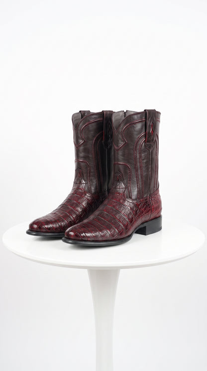Los Altos Men’s Cherry Black Genuine Caiman Belly Roper Toe Boots, Exotic Western Dress Boots