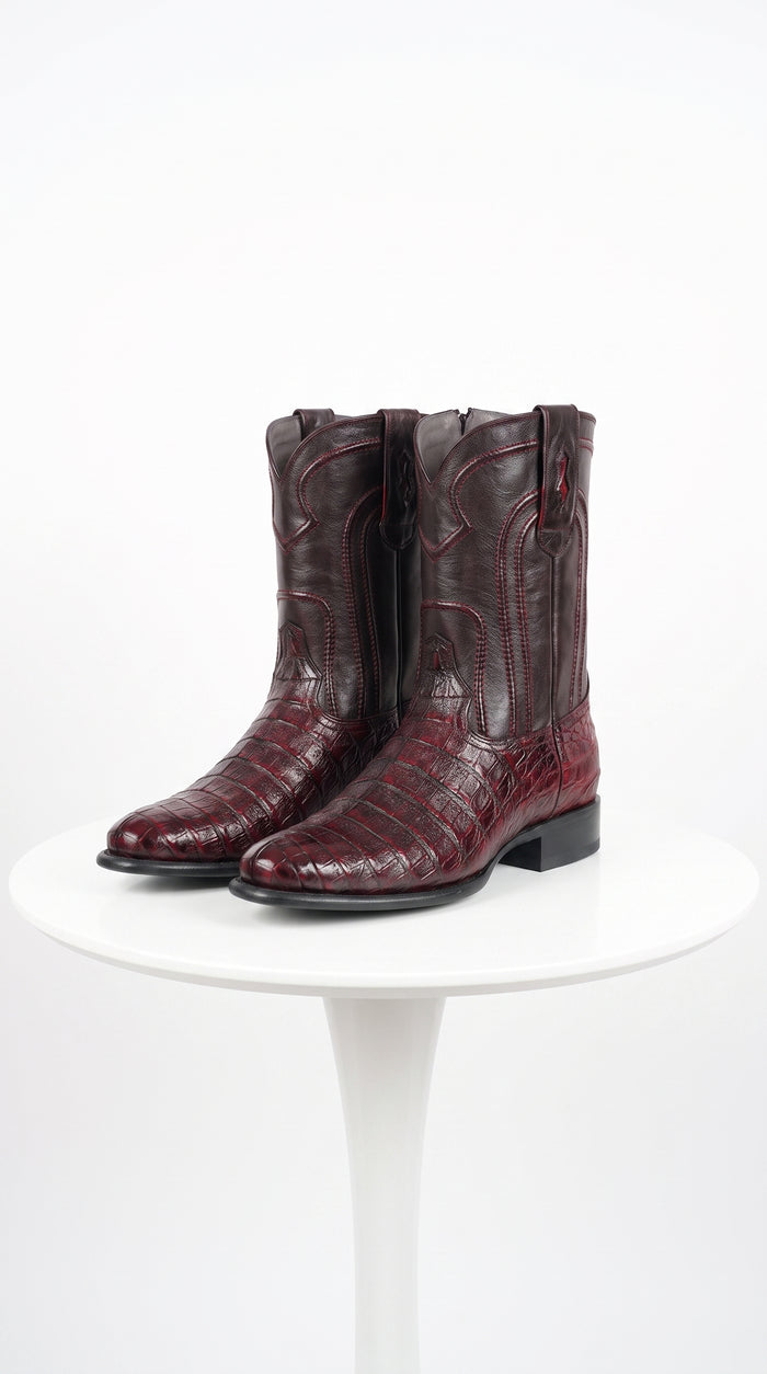 Los Altos Men’s Cherry Black Genuine Caiman Belly Roper Toe Boots, Exotic Western Dress Boots