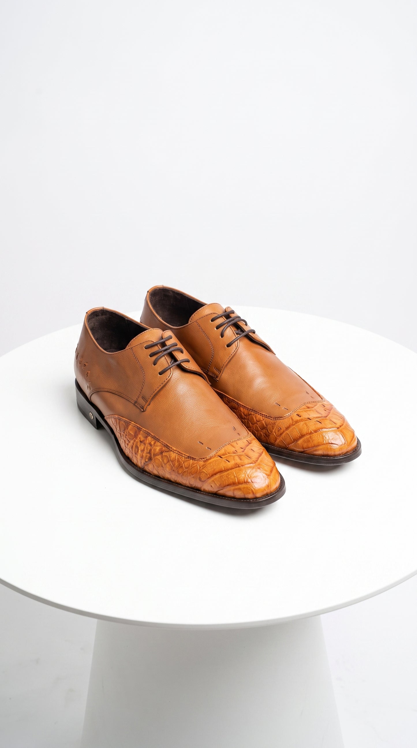 Vestigium Men’s Cognac Genuine Caiman Belly Derby Shoes, Exotic Lace-Up Formal Dress Shoes