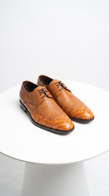 Vestigium Men’s Cognac Genuine Caiman Belly Derby Shoes, Exotic Lace-Up Formal Dress Shoes