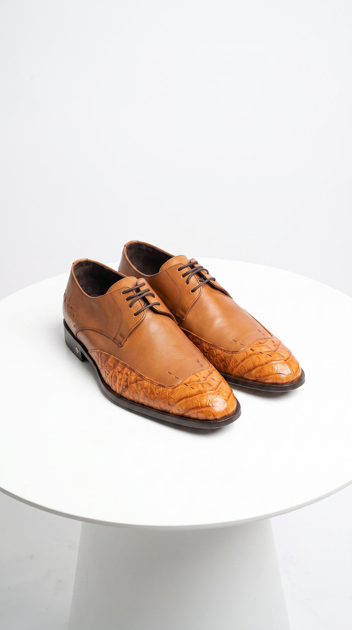 Vestigium Men’s Cognac Genuine Caiman Belly Derby Shoes, Exotic Lace-Up Formal Dress Shoes