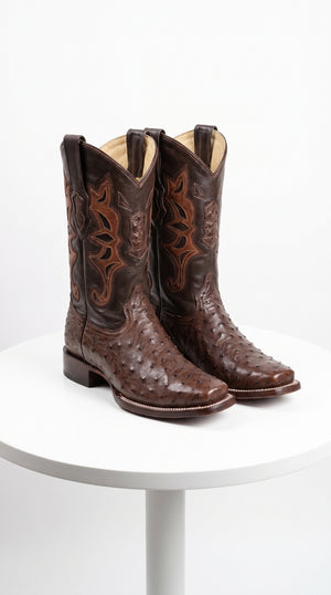 Men’s Brown Square Toe Ostrich Boots, Exotic Western Cowboy Dress Boots