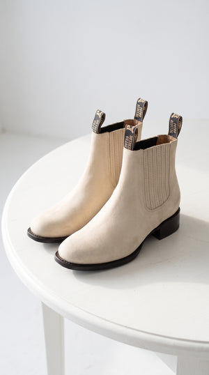 Men’s Hueso Bone White Charro Ankle Boots, Square Toe Western Leather Botines Para Hombre