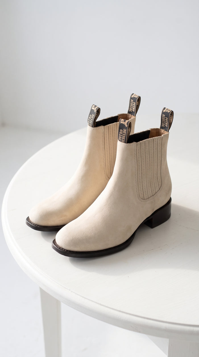 Men’s Hueso Bone White Charro Ankle Boots, Square Toe Western Leather Botines Para Hombre