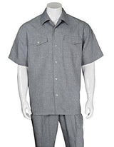 Men's Casual Short Sleeve Two Pieces Gray Casual Two Piece Walking Outfit For Sale Pant Sets Suits with Matching Pleated Pants