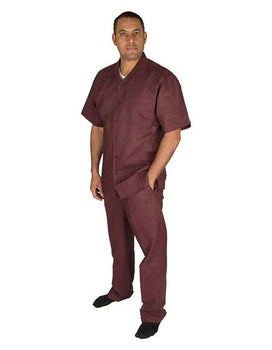Men's Short Sleeve Button Closure 100% Linen 2 Piece Plum Shirt Walking Leisure Suit