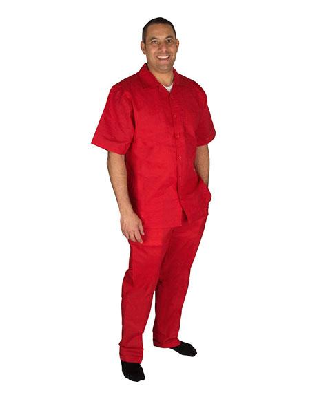 Men's Short Sleeve Button Closure 100% Linen 2 Piece Red Shirt Walking Leisure Suit