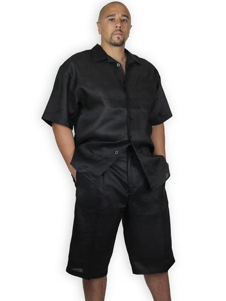 Men's Shirt And Shorts Black Two Piece Casual Set Walking Leisure Suit - Mens Linen Suit